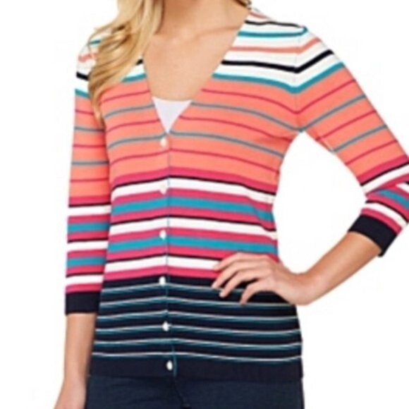 Liz Claiborne New York 100% Cotton Multicolor Button 3/4 Sleeves Cardigan - Picture 2 of 12